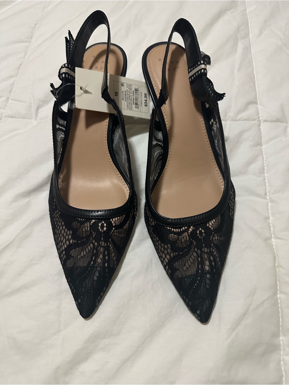 a new day Black Lace Pointed Slingback Heels
